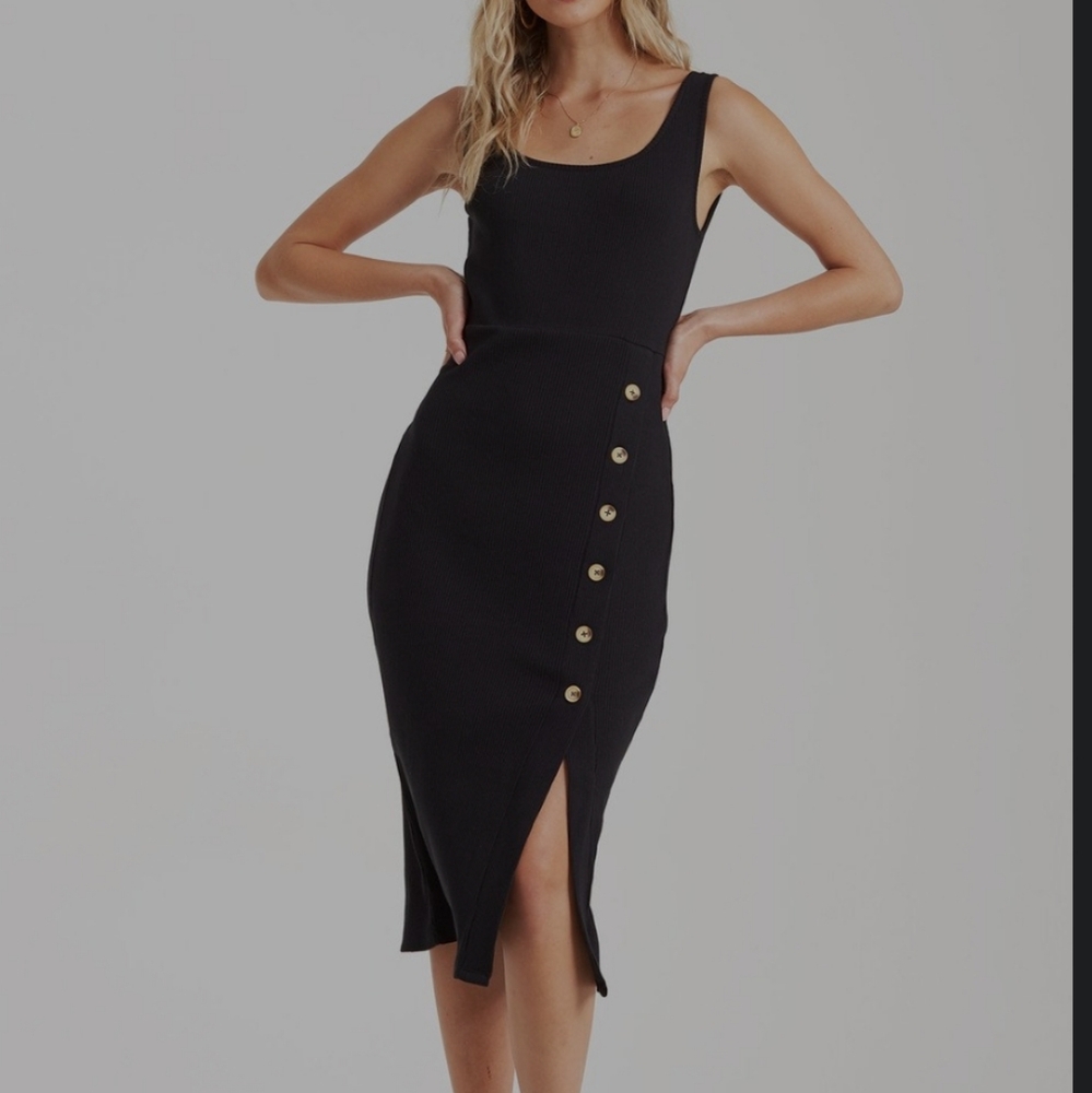 Billabong Black Button-Down Tank Midi Dress Split Bodycon